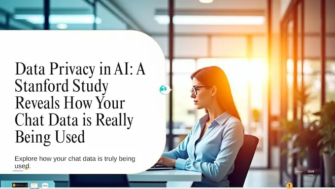 Data privacy in AI: professional woman at laptop in bright office with abstract chat overlays and headline space on right.