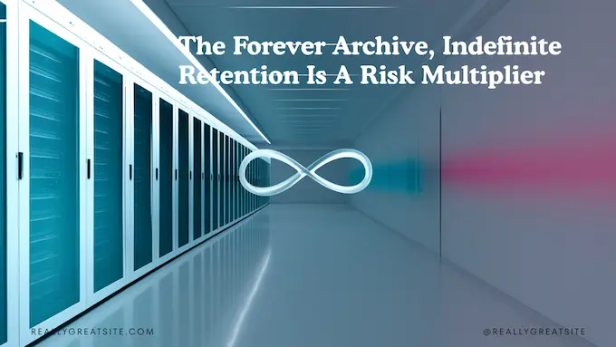 Data privacy in AI illustrated by bright server racks with a translucent infinity cue and clock hints for long-term retention.