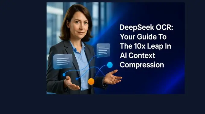 Professional woman amid floating tokens showing DeepSeek OCR context compression; magazine headline overlay.