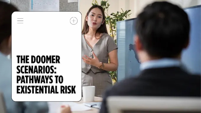 Symbolic triptych visualizing pathways tied to existential risk from AI in a bright strategy room, with people in soft focus.