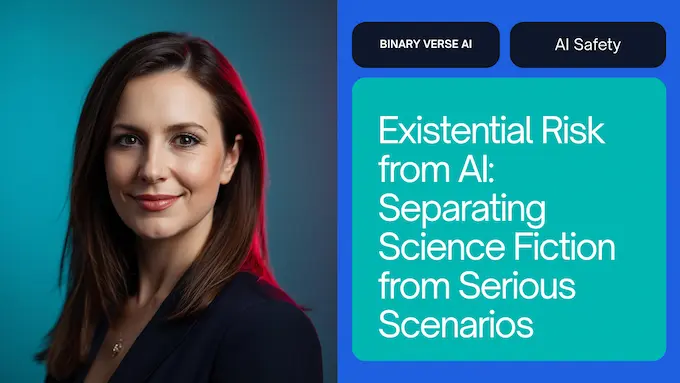 Editorial portrait with headline overlay about existential risk from AI, showing a professional woman beside a glassy data panel.