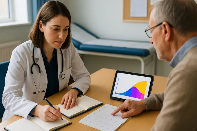 Doctor and patient co-plan screenings from an AI forecast, highlighting agency in the future of AI in healthcare.
