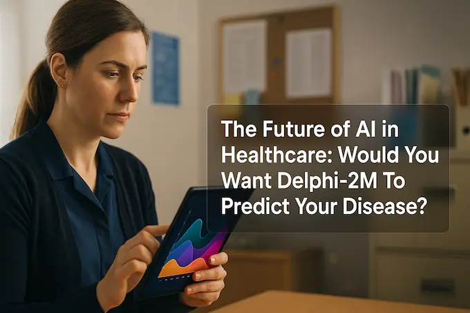 Clinician reviews disease-risk timeline on tablet in a modest UK clinic, illustrating the future of AI in healthcare.