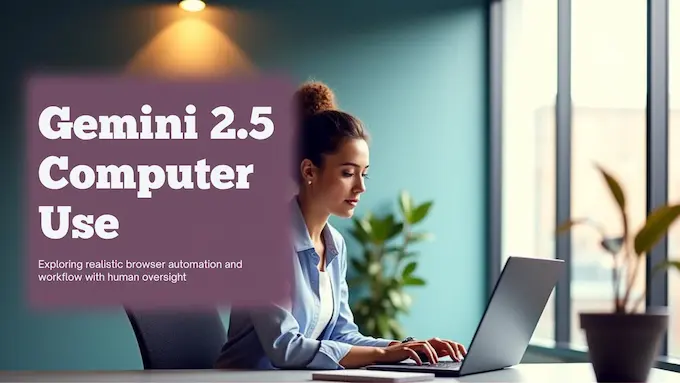 Professional woman automating a browser, illustrating Gemini 2.5 Computer Use controlling on-screen actions in a bright office.