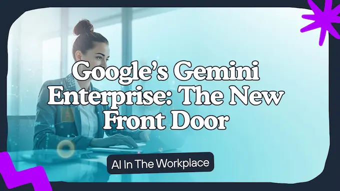 Professional woman in bright office with abstract agent network and title overlay, illustrating Gemini Enterprise as a workplace AI hub.