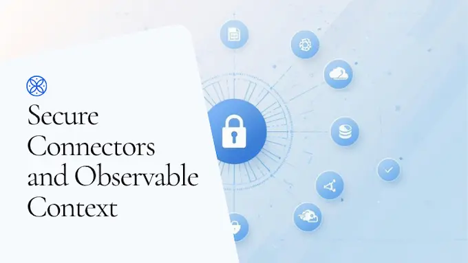 Colorful connectors and secure rings show documents, apps, and data flows grounding Gemini Enterprise in real business context.