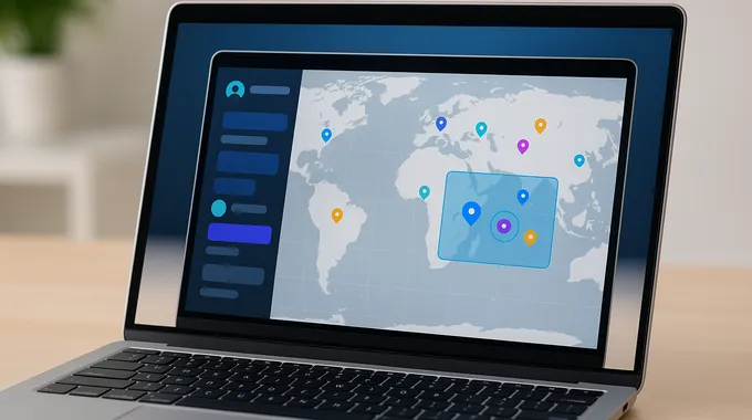 Over-shoulder laptop with a generic chat-and-map interface showing layered pins and buffers, showcasing geospatial AI. geospatial AI