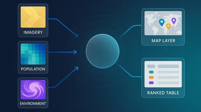 Diagram of imagery, population, and environment models flowing into an orchestrator that outputs a map and table using geospatial AI. 
