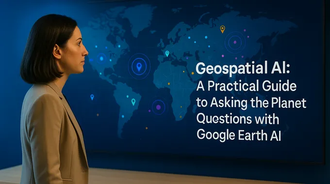 Professional woman with world map and data pins, magazine headline overlay, illustrating geospatial AI for decision-making. geospatial AI