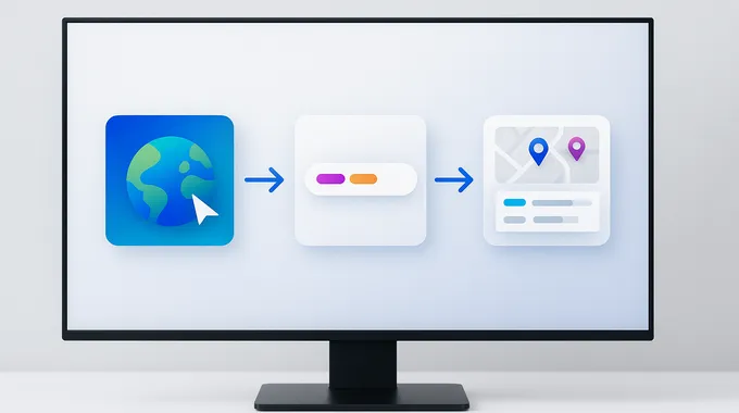 Three-step storyboard on a monitor—open, ask, result—shown with icons and a clean map and table to explain geospatial AI. geospatial AI