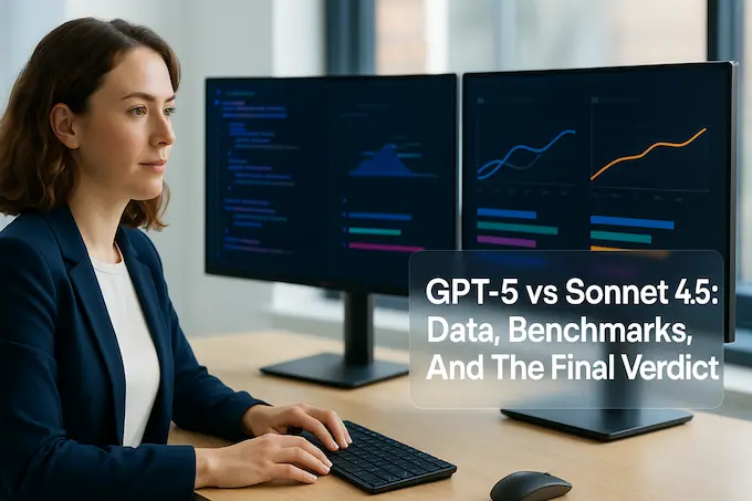 Hero image of a lead engineer comparing GPT-5 vs Sonnet 4.5 on dual monitors in a bright office.