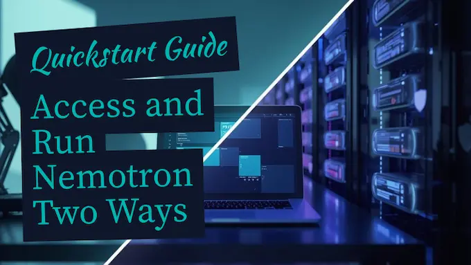Split image: local laptop prototyping on left and enterprise cloud microservices on right for Nemotron deployment, bright and modern