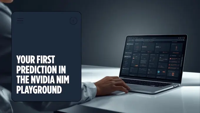 OpenFold3 first prediction: over-shoulder laptop view with generic UI and 3D protein–ligand preview, bright studio light.