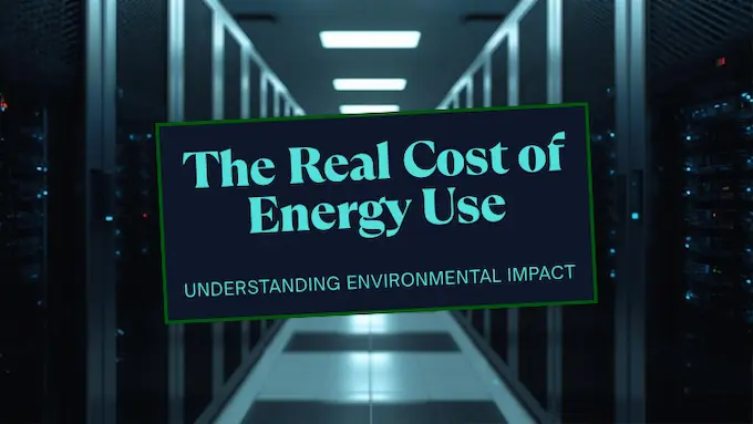 Data center and study desk overlay visualizing energy costs within the pros and cons of AI in education.