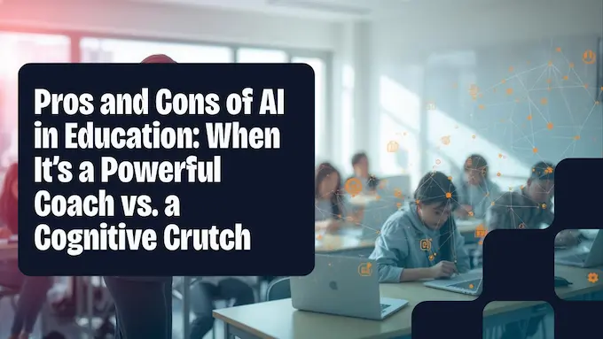 Teacher leading a bright class with tech cues, illustrating the pros and cons of AI in education.