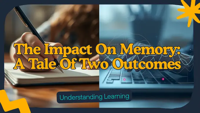 Split view of unaided writing and EEG-style lines to depict memory tradeoffs in the pros and cons of AI in education.