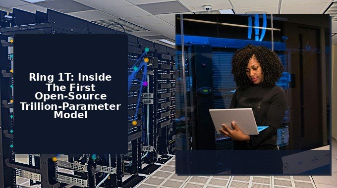 Professional woman in bright data center with abstract MoE nodes, headline overlay, showcasing Ring 1T.