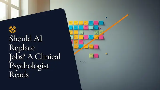 Clinical psychologist mapping public opinion on should AI replace jobs, with color-coded workforce map and headline space.