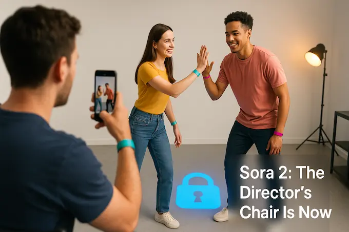 Sora 2 cameos shown as friends on set with consent symbols and matching voices, identity-safe performance in bright light.