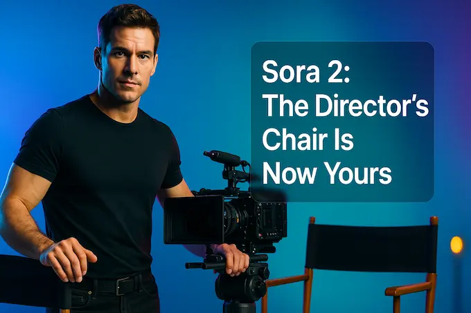 Sora 2 feature image with a Hollywood action hero in a bright studio, ready to direct beside cinematic gear.