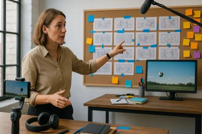 Sora 2 overview with a female director guiding a storyboard wall and phone rig in a sunlit loft, vibrant studio colors.