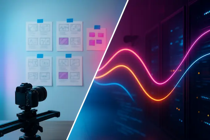 Sora 2 vs Veo 3 shown as a split studio, social creative setup on one side and an API-style pipeline on the other, bright and balanced.