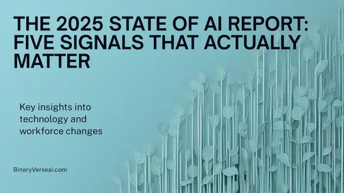Professional woman beside bright global AI charts; feature visual for the state of AI report, 2025 edition.