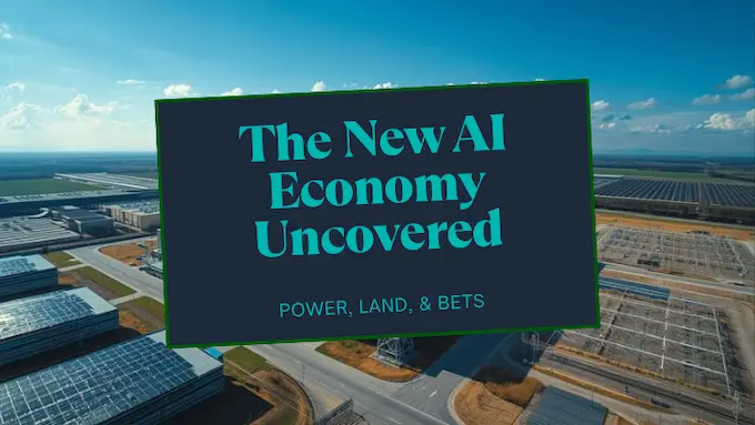 Aerial of data center and power infrastructure with bright energy lines, illustrating the state of AI report economy shift.