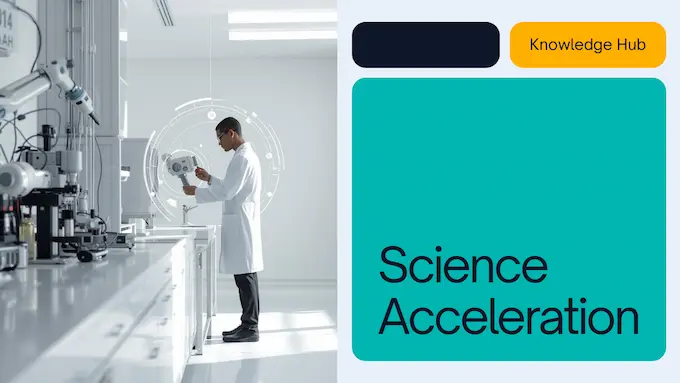 Bright lab with scientist and robotic arm plus subtle HUD cues, capturing the state of AI report science advances.
