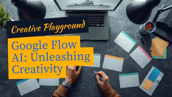 Bright storyboard desk with abstract timeline and color-tagged cards, illustrating how Google Flow AI speeds work with Veo 3.1.