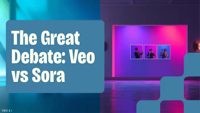 Split-screen of a polished product shot versus playful story beats, comparing specialist and generalist strengths around Veo 3.1.