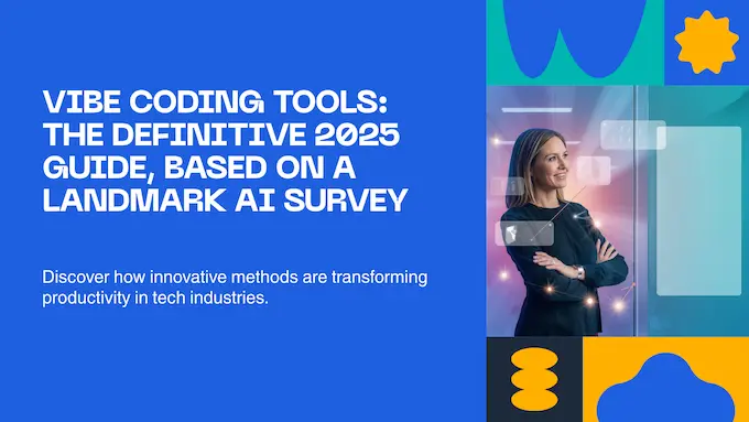 Professional woman leading AI dev in bright office with headline space — vibe coding tools 2025 guide