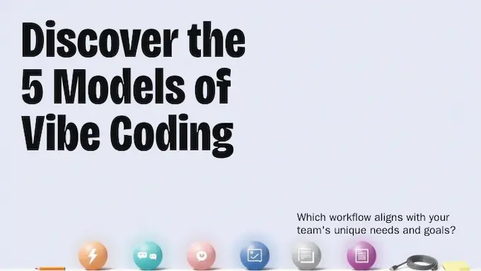 Top-down flat lay of five color-coded workflow cards symbolizing models of vibe coding tools