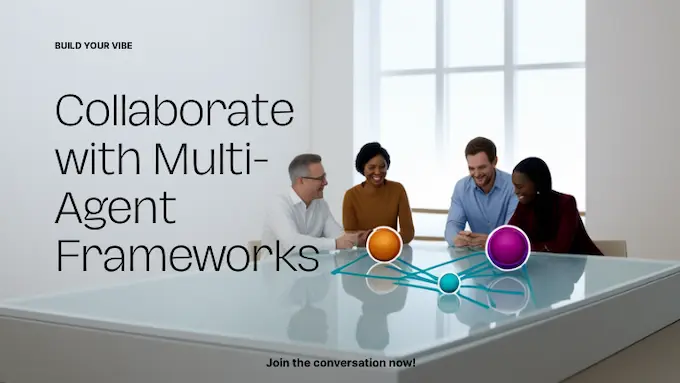 Team collaborates around glass table with connected role cards, illustrating multi-agent orchestration with vibe coding tools