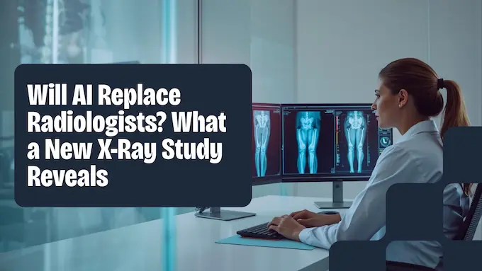 Radiologist reviews knee X-rays with AI forecast, a bright editorial scene exploring will AI replace radiologists today.