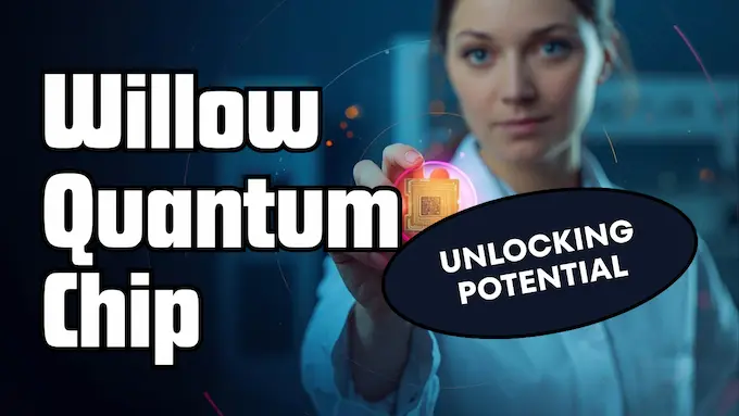 Professional scientist with the Willow quantum chip in a bright lab, echo rings and clean headline space, editorial lighting.