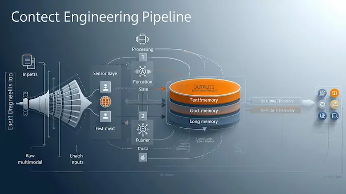 AI agent development context engineering pipeline illustrating multimodal data collection, layered memory management, and distributed agent usage patterns