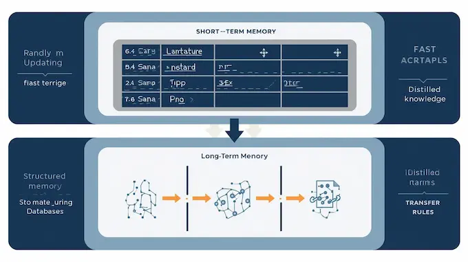 Layered memory architecture for AI agent development showing short-term fast access and long-term knowledge storage with automated transfer rules