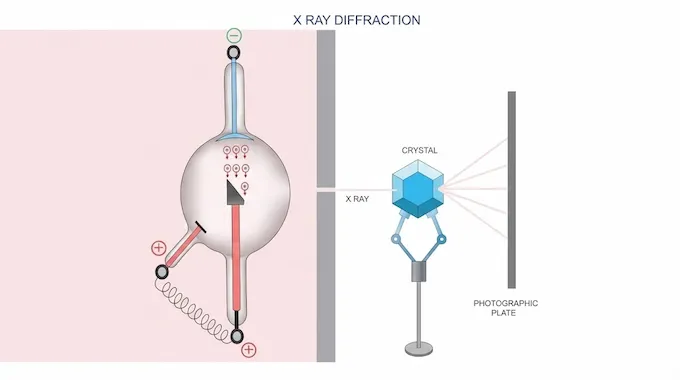 Illustration of the X-ray diffraction crystallography process, the traditional experimental method for determining protein structures used to validate AlphaFold predictions.