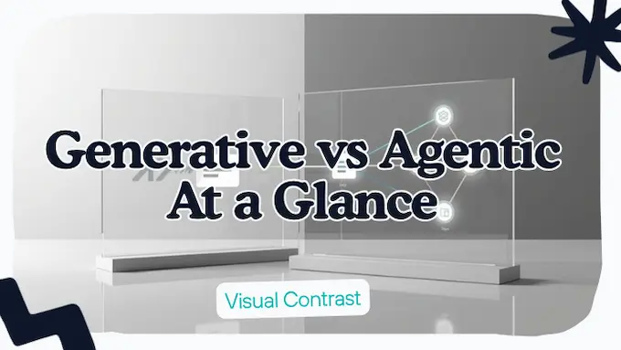 Split visual comparing Agentic AI vs Generative AI with single-step vs multi-step workflow icons, bright and modern.