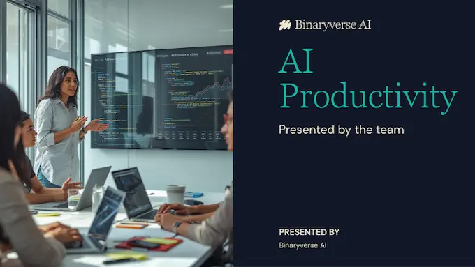 Bright editorial team lead directing AI and productivity workflow with +39% trend, headline above, footer at bottom-right.