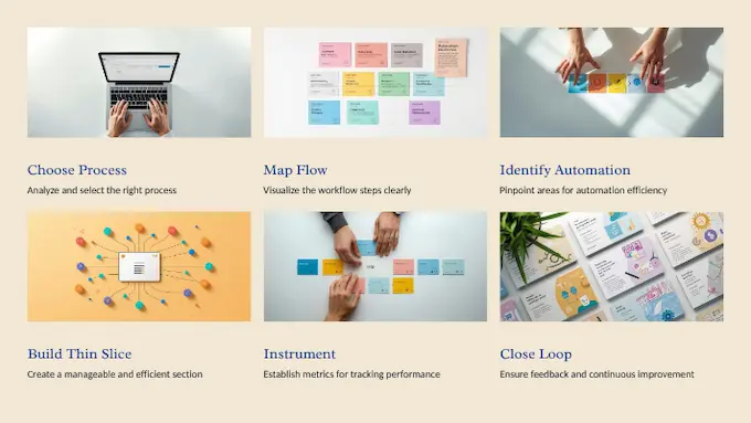 Flat-lay roadmap shows steps to pilot agents so AI and productivity improve with a clear human approval stage.