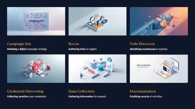 Six clean tiles outline the AI attack kill chain phases in a bright, modern style.