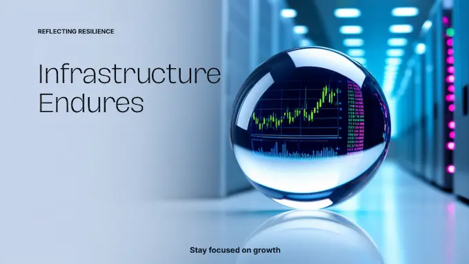 A deflating market mood contrasts with resilient infrastructure as a data hall glows behind an AI bubble metaphor.