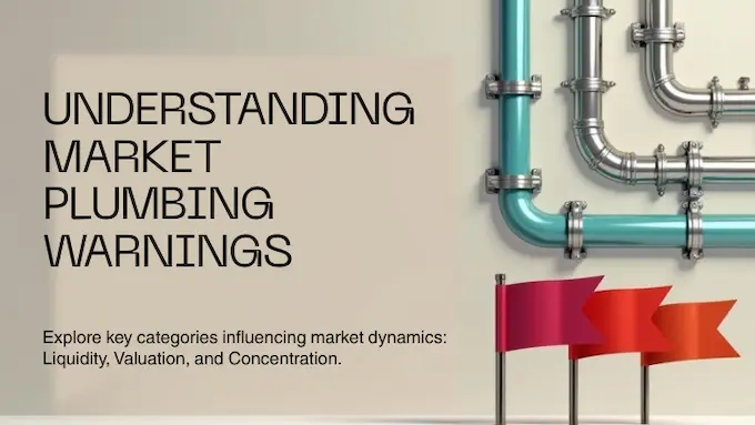 Infographic flags and market plumbing visualize risks around the AI bubble in a bright, high-contrast scene.