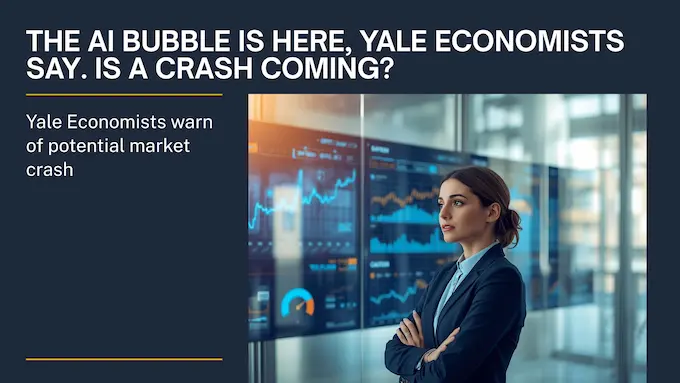 Professional analyst reviews market data amid talk of an AI bubble, bright trading office with headline overlay.