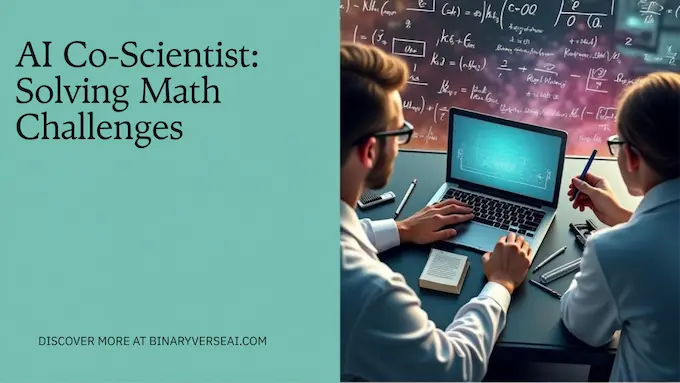 Editorial collage shows AI Co-Scientist partnering with researchers to help GPT-5 solve unsolved math problems.