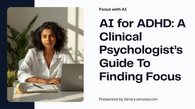 Bright editorial cover with clinician at sunlit desk and multicolor title, showing calm focus with AI for ADHD.