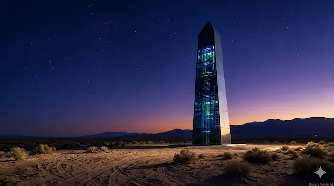 A futuristic quantum computing monolith stands in the New Mexico desert at twilight, symbolizing the new Genesis Mission.