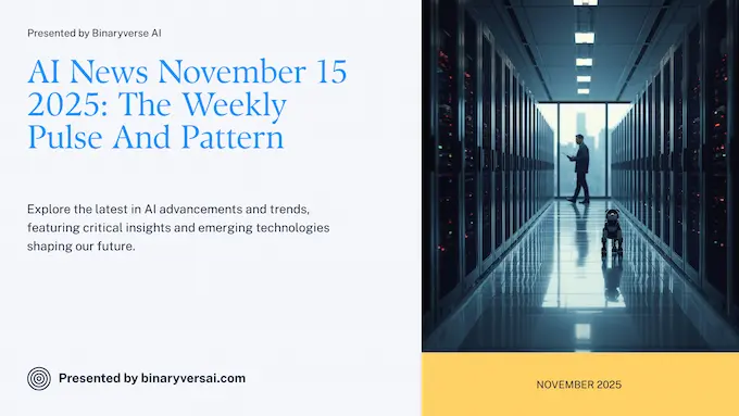 Bright weekly cover showing data center, researcher, robot dog, and math board for AI News November 15 2025 roundup.